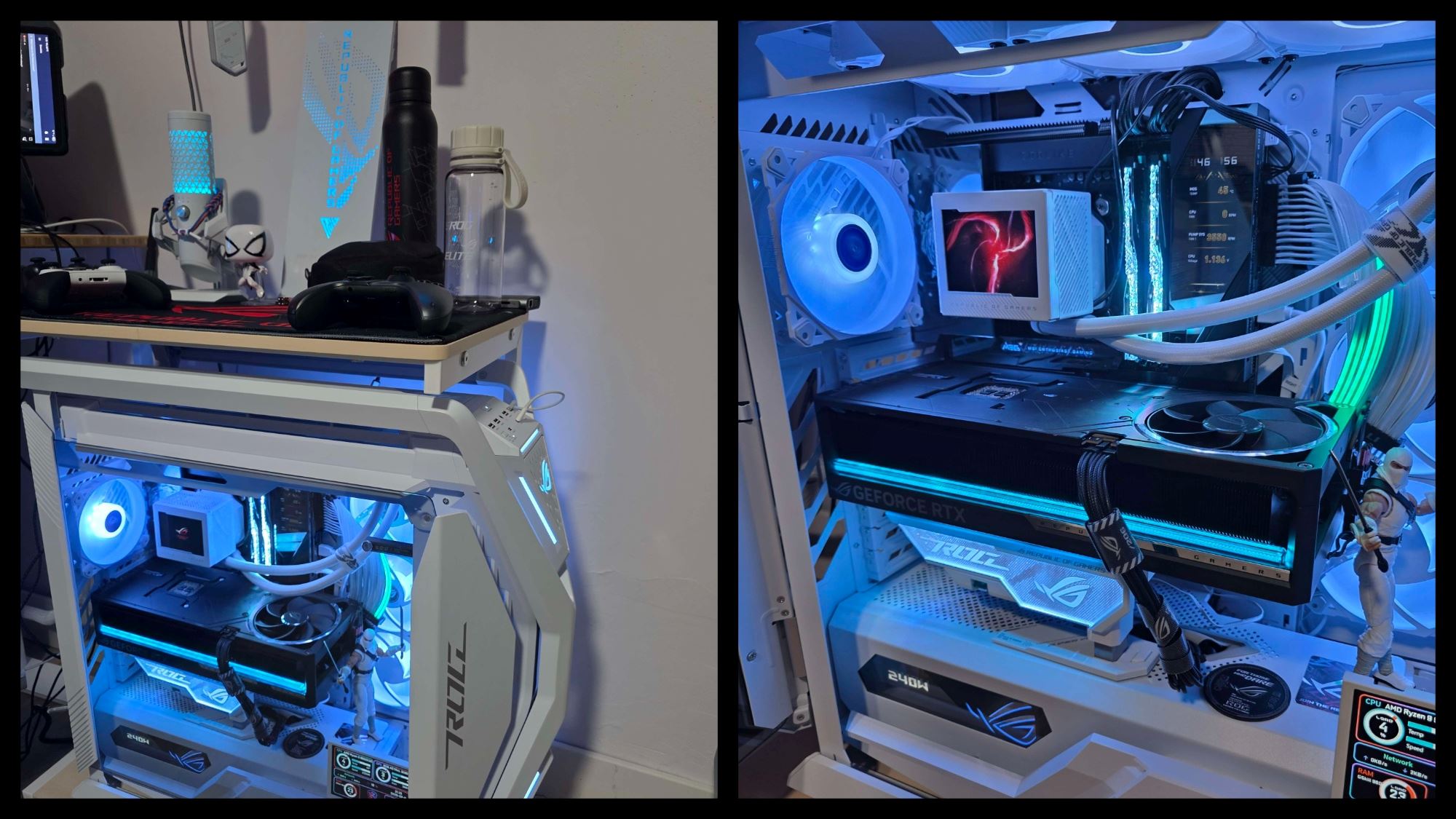 Người dùng Discord Người dùng thiết lập máy tính để bàn toàn màu trắng của Kayslay hoàn chỉnh với các thiết bị ngoại vi và phụ kiện ROG trắng.