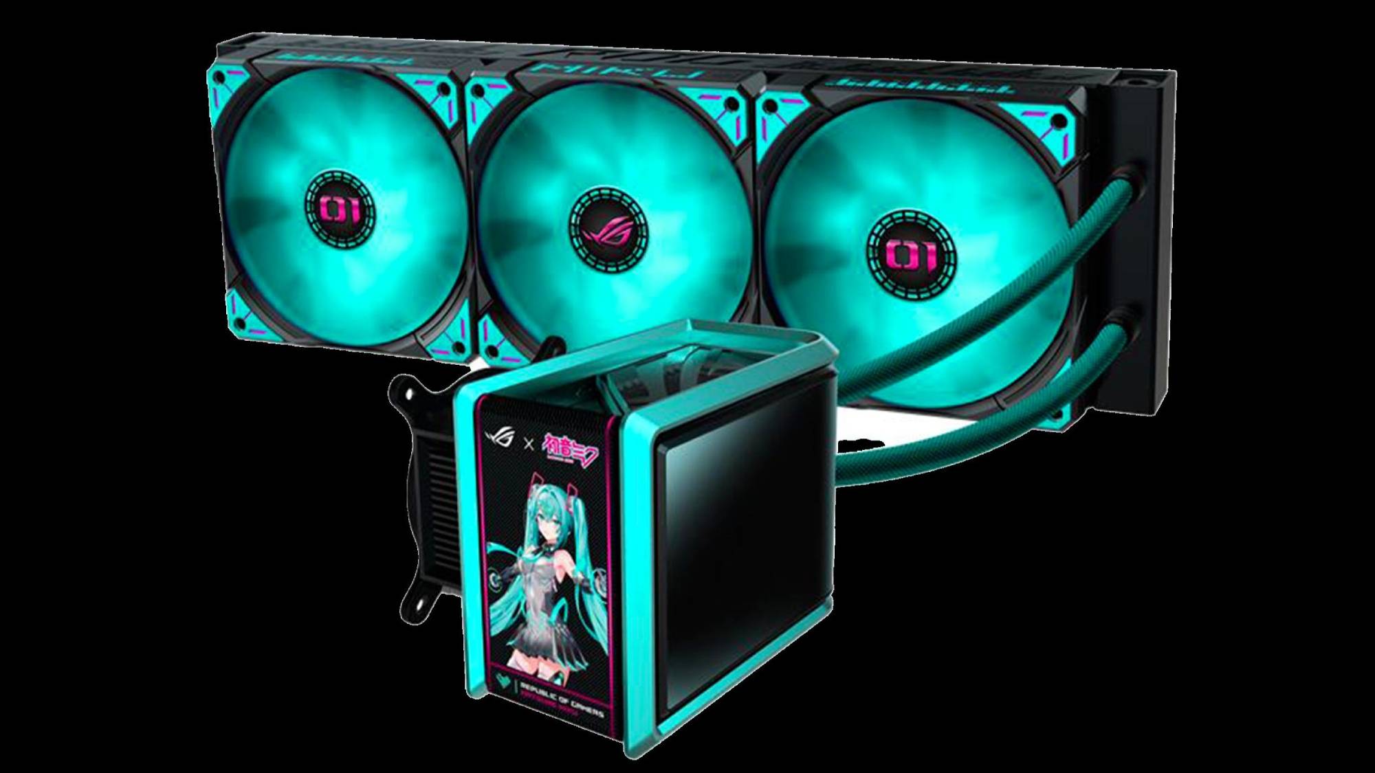 ROG RYUO IV 360 ARGB HATSUNE MIKU MIKU AIO COOLER trên nền đen.