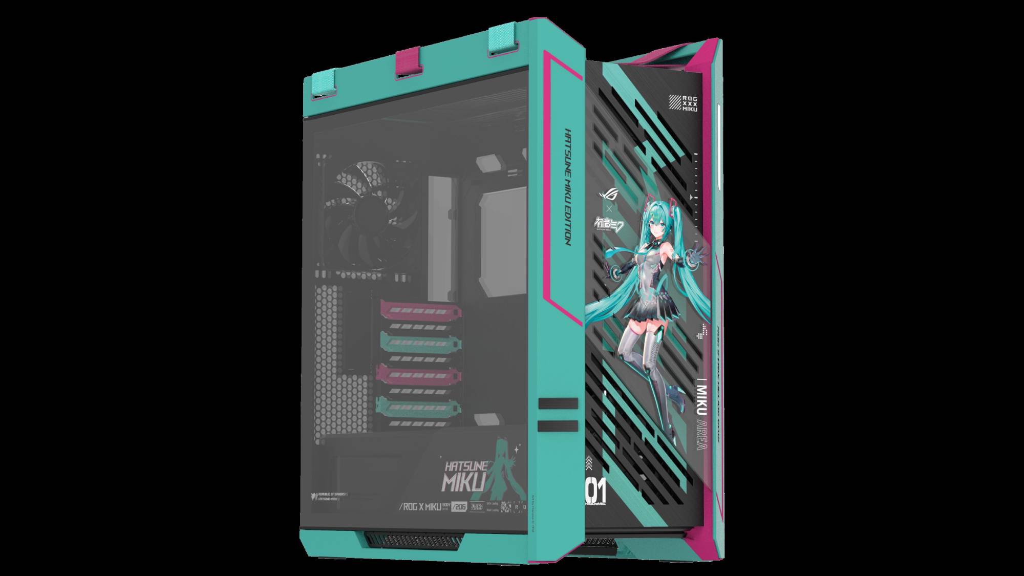 ROG Strix Helios II Hatsune Miku Edition PC Case trên nền đen.