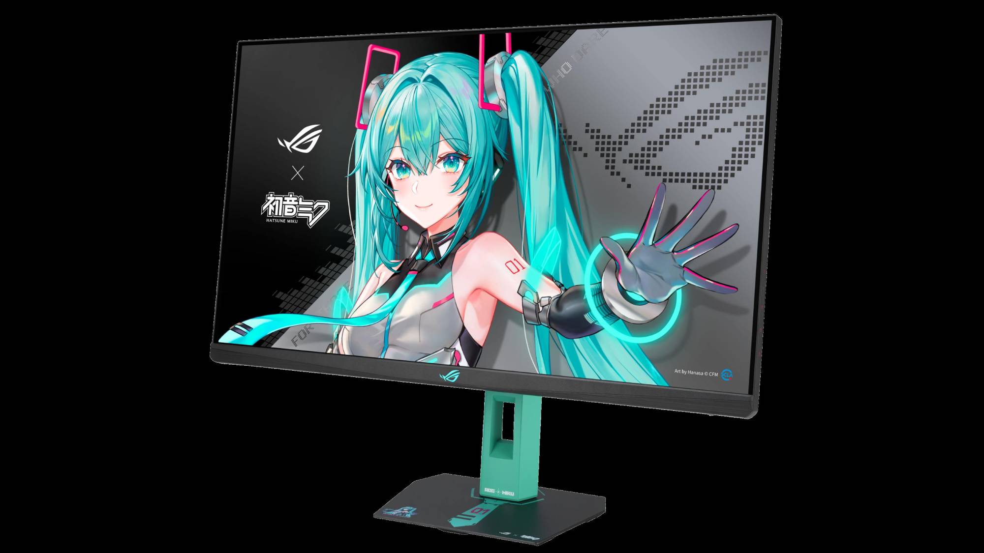 Rog Strix XG27aCmeg-G Hats phiên bản Miku Miku trên nền đen.