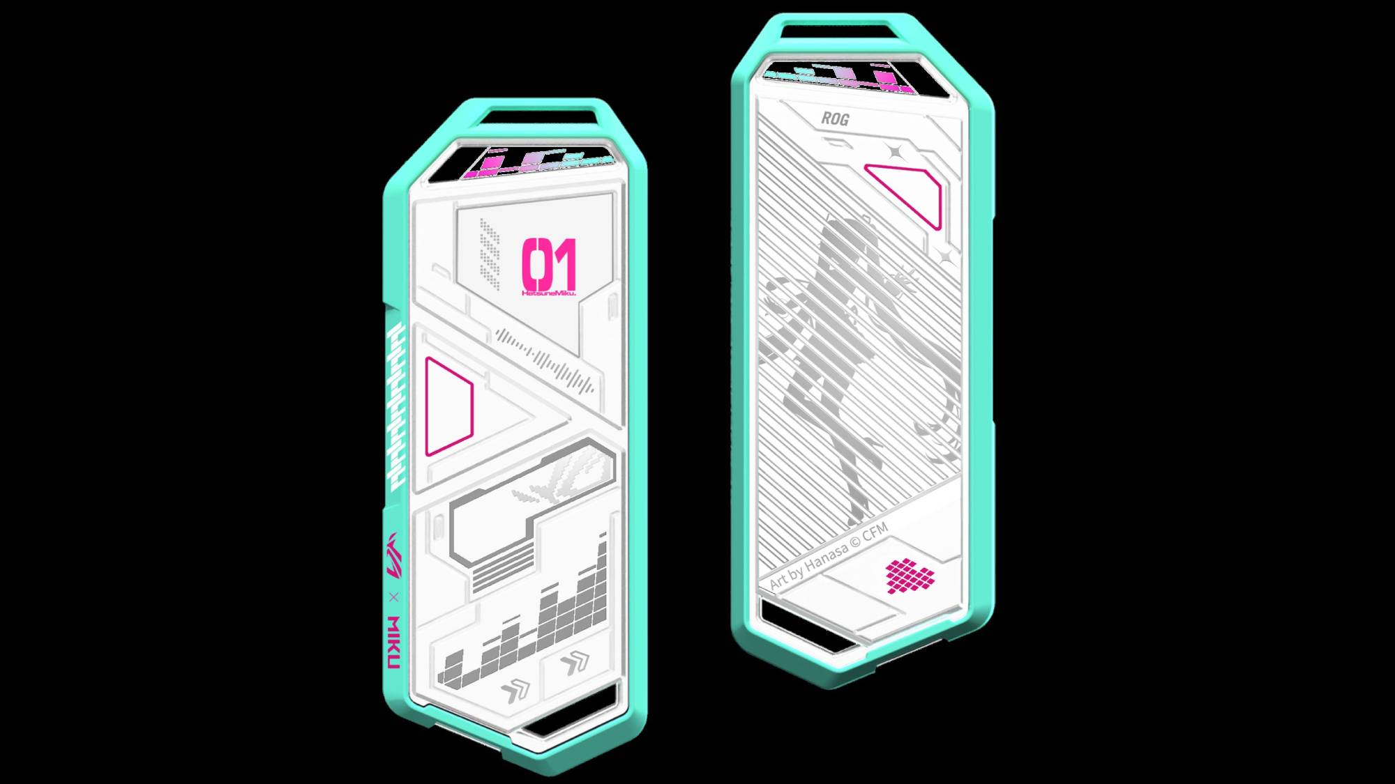Rog Strix Arion Hatsune Miku Edition bao phủ trong bối cảnh màu đen.