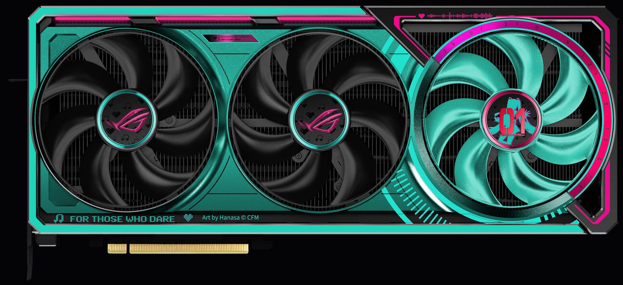 ROG Astral Geforce RTX ™ 5080 16GB GDDR7 OC HATSUNE MIKU EDETION Card đồ họa trên nền đen.