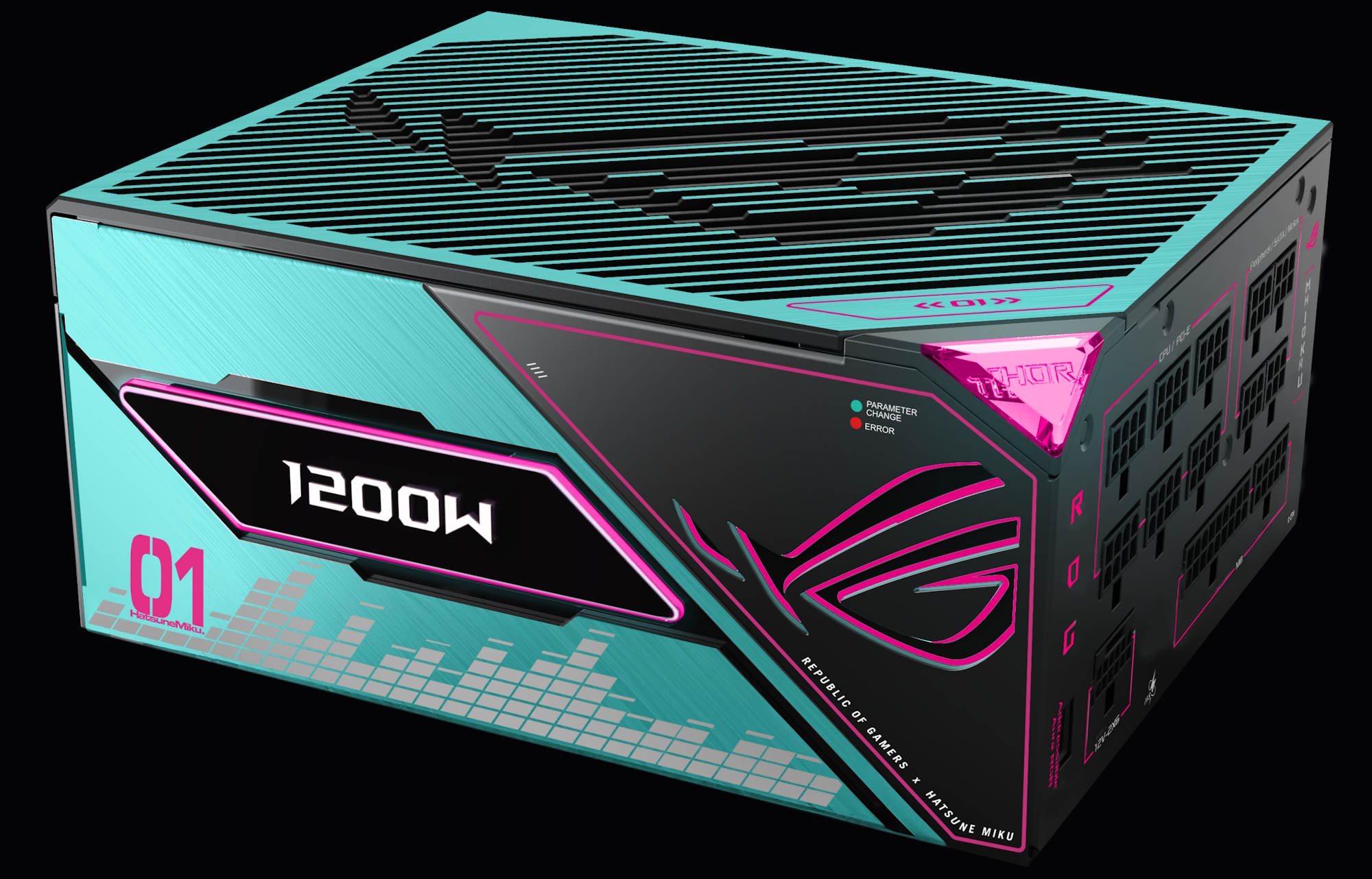 ROG Thor 1200W Platinum III Hatsune Miku Edition PSU trên nền đen.