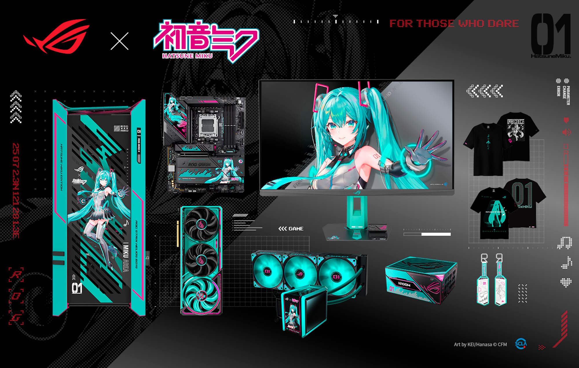 Bộ sưu tập đầy đủ Hatsune Miku X ROG của ROG Gear và Tshirts so với nền tảng Cyberpunk cách điệu